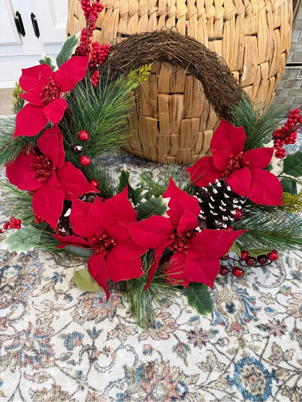 New Red Poinsettia & Pine Holiday Wreath - Classic Seasonal Door Accent